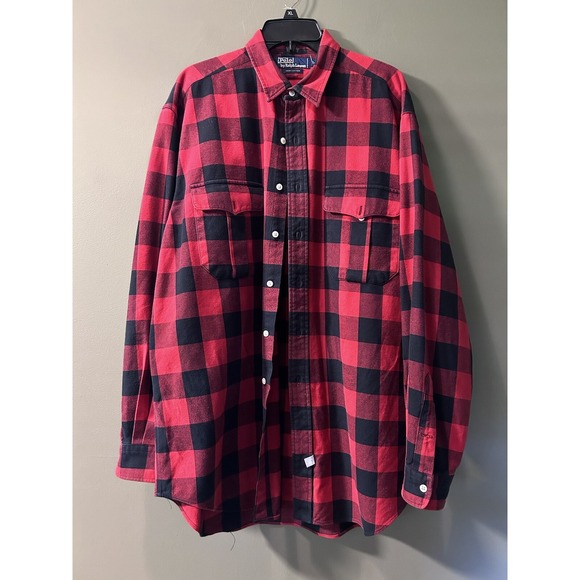 Vintage Polo Ralph Lauren Flannel Shirt Men's Large Buffalo Plaid Button Up - Picture 1 of 7